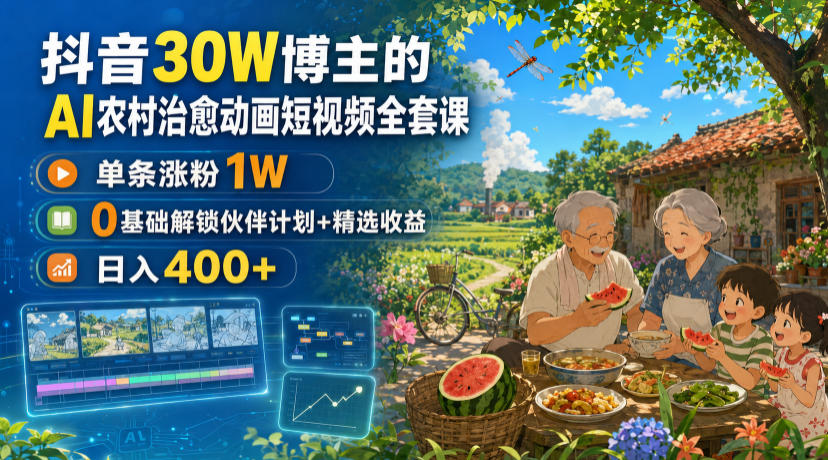 抖音30W博主的AI农村治愈动画短视频全套课｜单条涨粉1W，0基础解锁伙伴计划+精选收益，日入400+-九节课