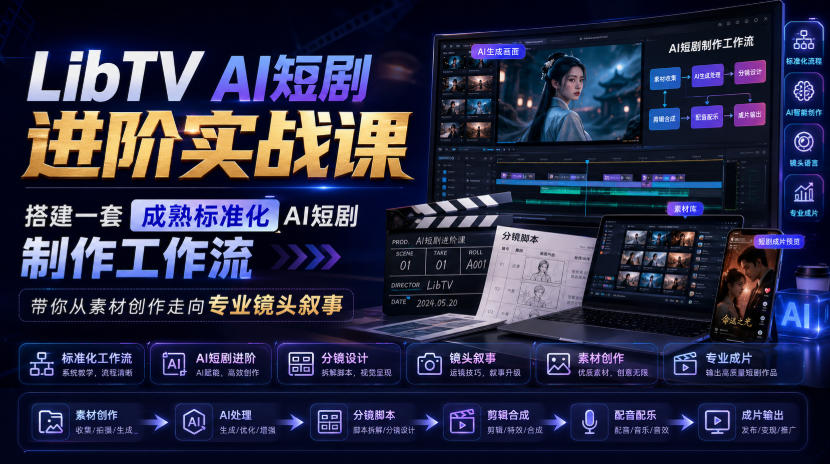 LibTV AI短剧进阶实战课，搭建一套成熟标准化AI短剧制作工作流，带你从素材创作走向专业镜头叙事-九节课
