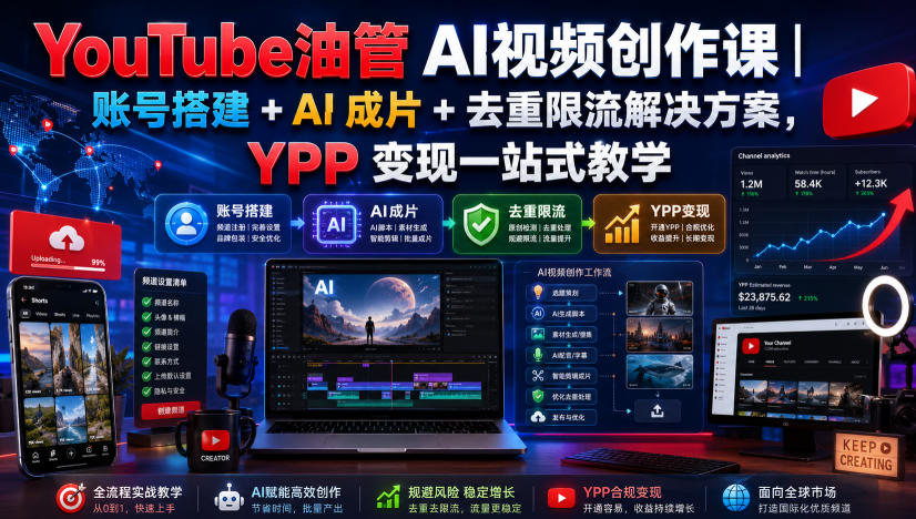 YouTube油管AI视频创作课｜账号搭建+AI成片+去重限流解决方案，YPP变现一站式教学-九节课