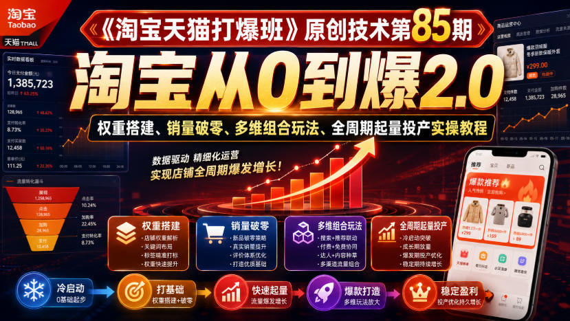 《淘宝天猫打爆班》原创技术第85期,淘宝从0到爆2.0,权重搭建、销量破零、多维组合玩法、全周期起量投产实操教程-九节课