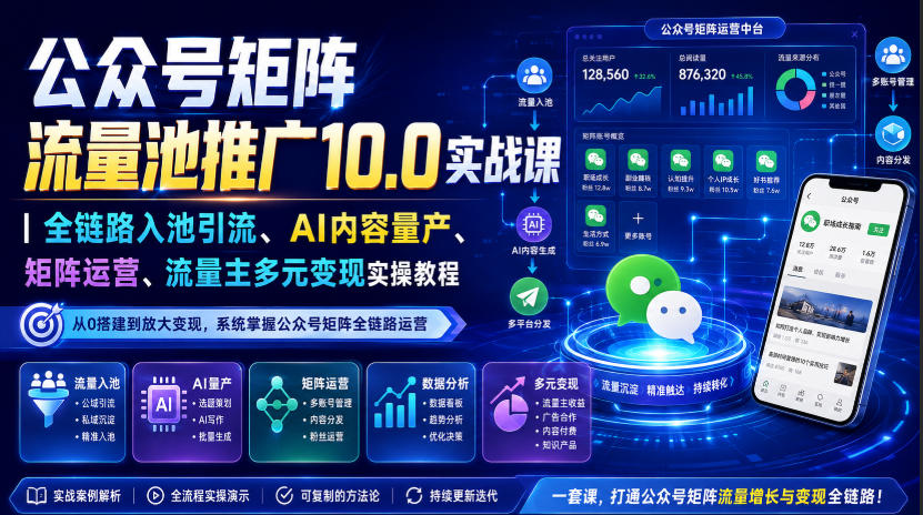 公众号矩阵流量池推广10.0实战课｜全链路入池引流、AI内容量产、矩阵运营、流量主多元变现实操教程-九节课