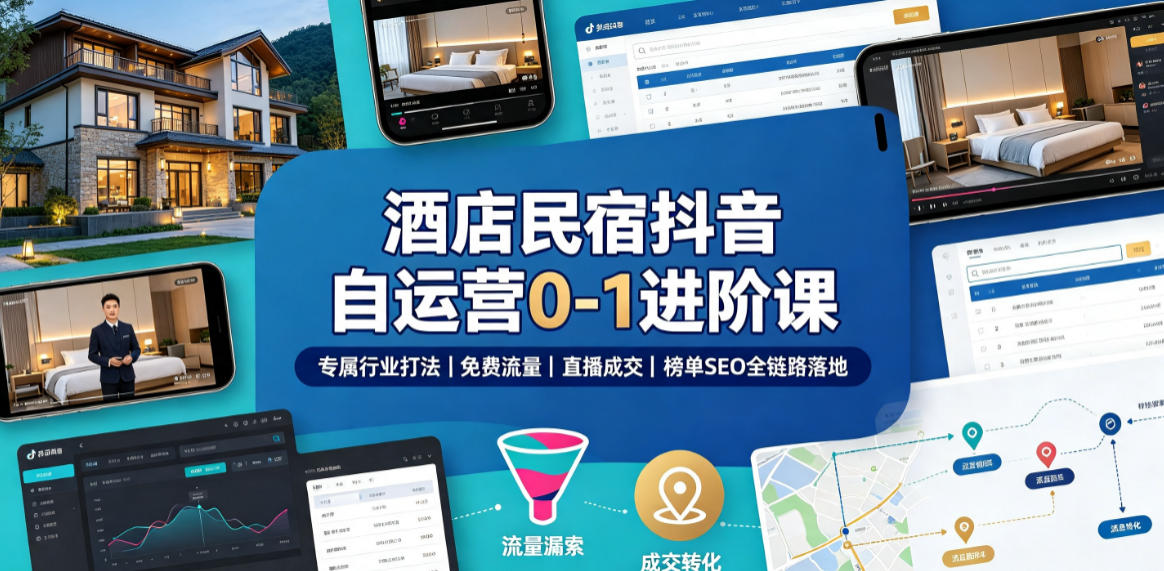 酒店民宿抖音自运营0-1进阶课｜专属行业打法、免费流量+直播成交+榜单SEO全链路落地-九节课