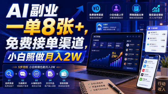 AI副业一单8张+，免费接单渠道，小白照做月入2W【揭秘】-九节课
