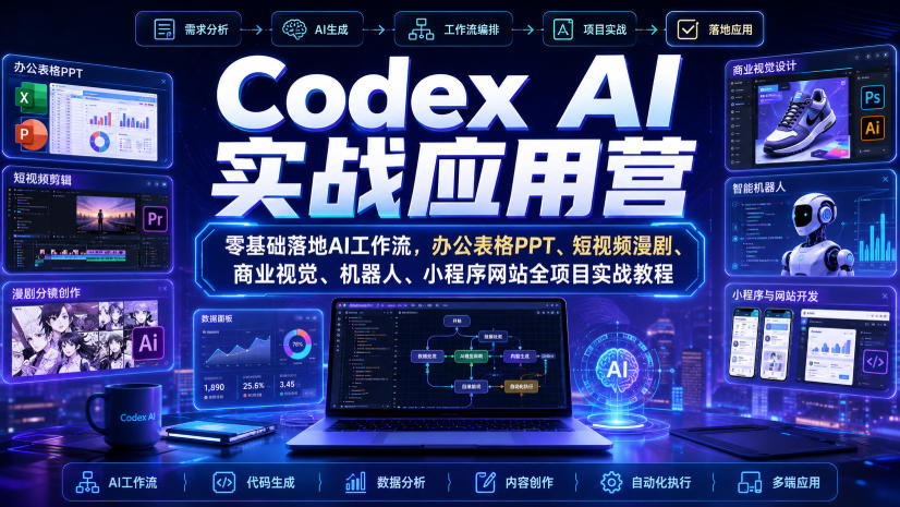 Codex AI实战应用营｜零基础落地AI工作流，办公表格PPT、短视频漫剧、商业视觉、机器人、小程序网站全项目实战教程-九节课