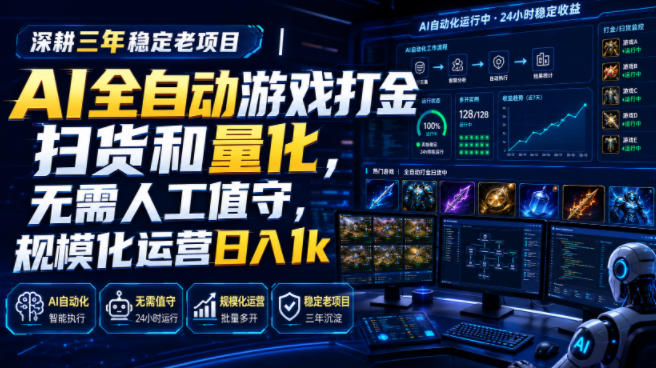 全自动游戏打金和皮肤扫货，规模化运营日入10张，深耕三年稳定老项目！-九节课