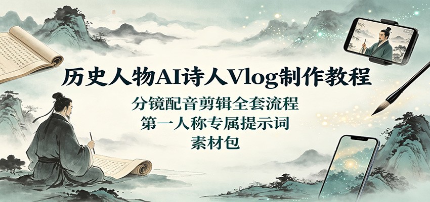 历史人物AI诗人Vlog制作教程：分镜配音剪辑全套流程，第一人称专属提示词素材包-九节课