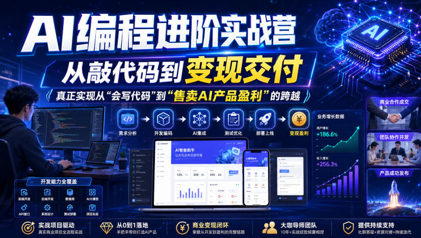 AI编程进阶实战营，从敲代码到变现交付，，真正实现从“会写代码”到“售卖AI产品盈利”的跨越-九节课