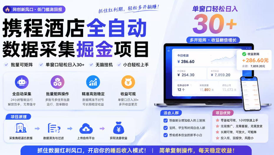 携程酒店采集挂G项目，批量可矩阵，单机轻松日入300+，开启你的睡后收入模式!【揭秘】-九节课