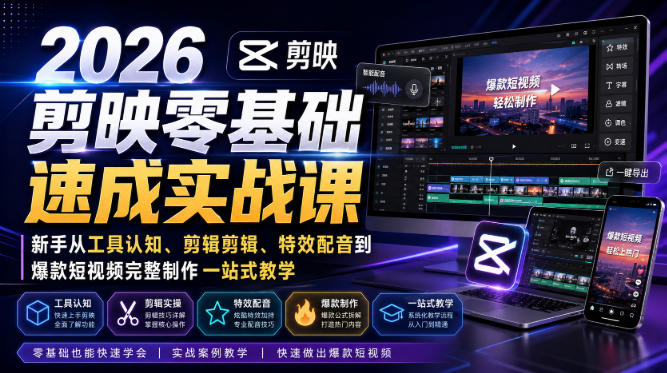 2026剪映零基础速成实战课｜新手从工具认知、剪辑剪辑、特效配音到爆款短视频完整制作一站式教学-九节课