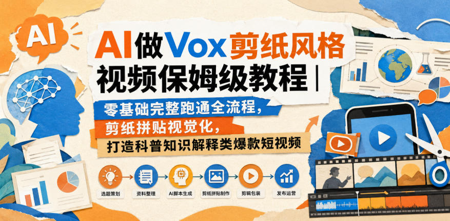 AI做Vox剪纸风格视频保姆级教程｜零基础完整跑通全流程，剪纸拼贴视觉化，打造科普知识解释类爆款短视频-九节课