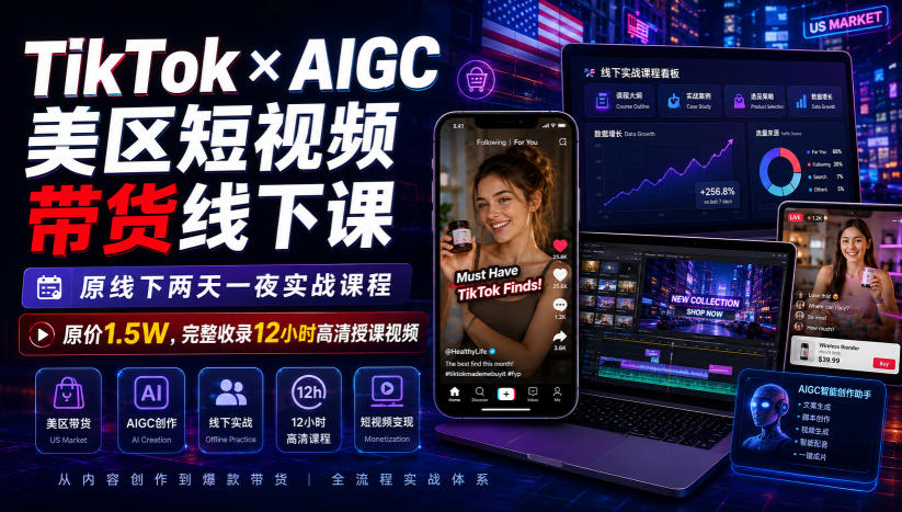 TikTok×AIGC美区短视频带货线下课，原线下两天一夜实战课程，原价1.5W，完整收录12小时高清授课视频-九节课