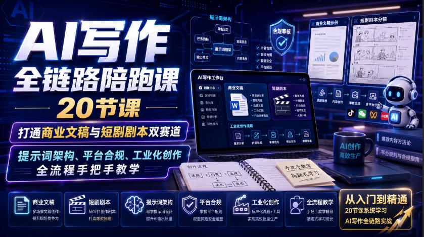 AI写作全链路陪跑课｜20节课打通商业文稿与短剧剧本双赛道，提示词架构、平台合规、工业化创作全流程手把手教学-九节课