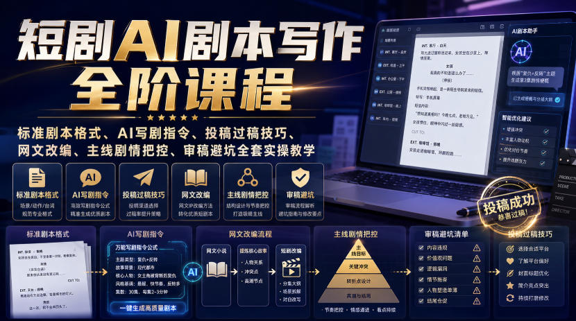 短剧AI剧本写作全阶课程｜标准剧本格式、AI写剧指令、投稿过稿技巧、网文改编、主线剧情把控、审稿避坑全套实操教学-九节课