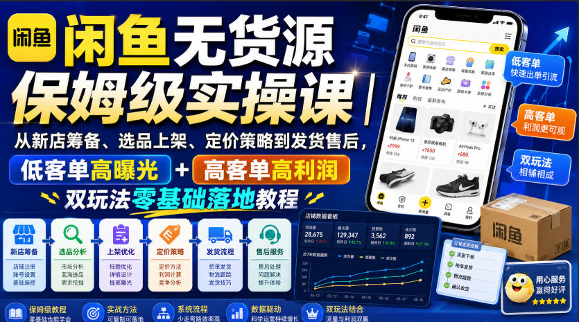 闲鱼无货源保姆级实操课｜从新店筹备、选品上架、定价策略到发货售后，低客单高曝光+高客单高利润双玩法零基础落地教程-九节课