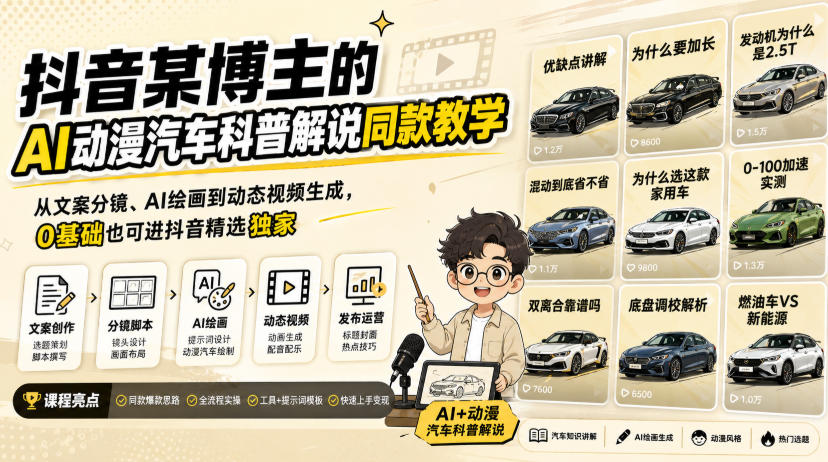 抖音某博主的AI动漫汽车科普解说同款教学，从文案分镜、AI绘画到动态视频生成，0基础解锁抖音精选独家收益-九节课