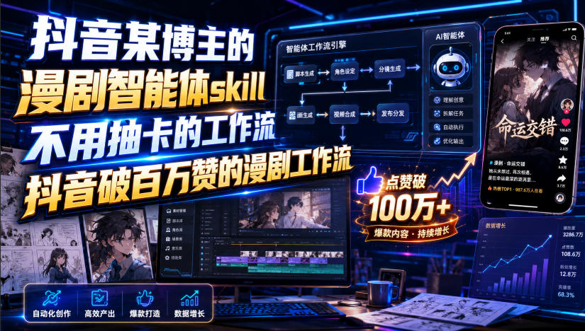 抖音某博主的漫剧智能体skill，不用抽卡的工作流，抖音破百万赞的漫剧工作流-九节课