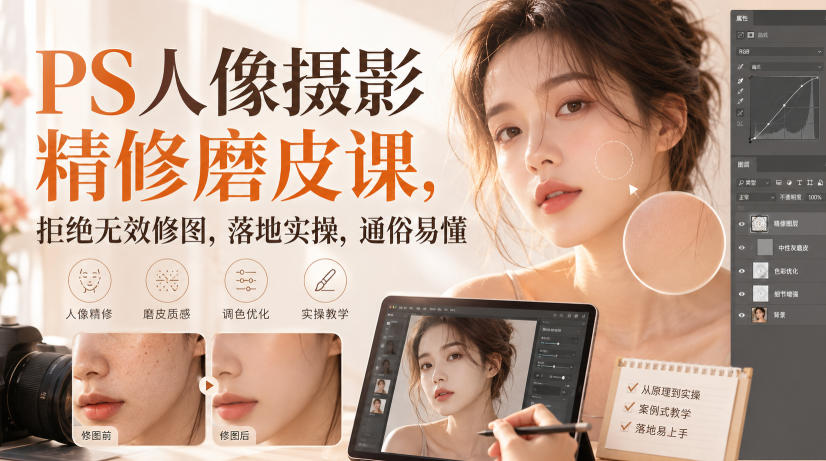 PS人像摄影精修磨皮课,拒绝无效修图,落地实操,通俗易懂-九节课