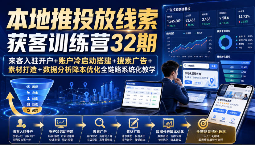 本地推投放线索获客训练营32期｜来客入驻开户+账户冷启动搭建+搜索广告+素材打造+数据分析降本优化全链路系统化教学（8月全新课程）-九节课