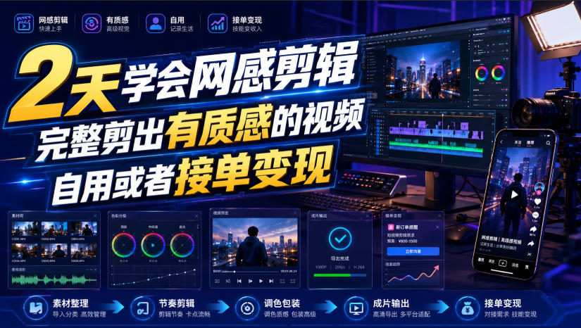 2天学会网感剪辑，完整剪出有质感的视频，自用或者接单变现-九节课