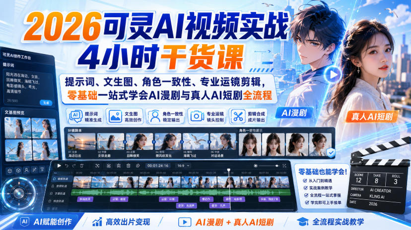 2026可灵AI视频实战4小时干货课｜提示词、文生图、角色一致性、专业运镜剪辑，零基础一站式学会AI漫剧与真人AI短剧全流程-九节课
