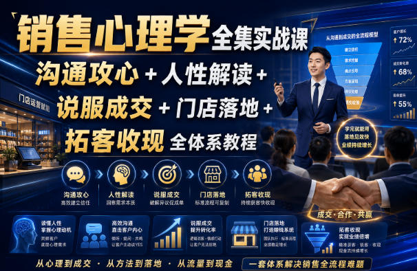 销售心理学全集实战课｜沟通攻心+人性解读+说服成交+门店落地+拓客收现全体系教程-九节课