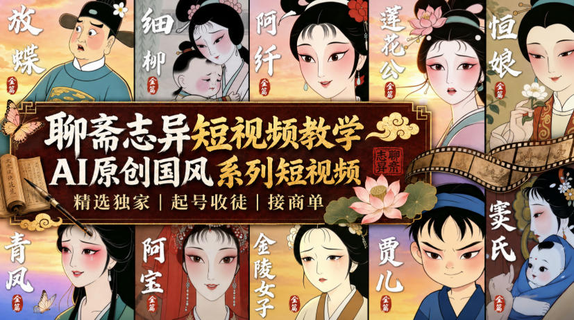 聊斋志异短视频教学，AI原创国风系列短视频，精选独家丨起号收徒丨接商单-九节课