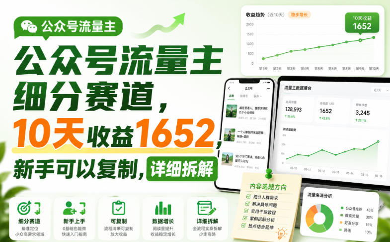 公众号流量主细分赛道，10天收益1652，新手可以复制，详细拆解-九节课