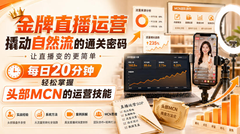 金牌直播运营撬动自然流的通关密码，让直播变的更简单，每日20分钟，轻松掌握头部MCN的运营技能-九节课