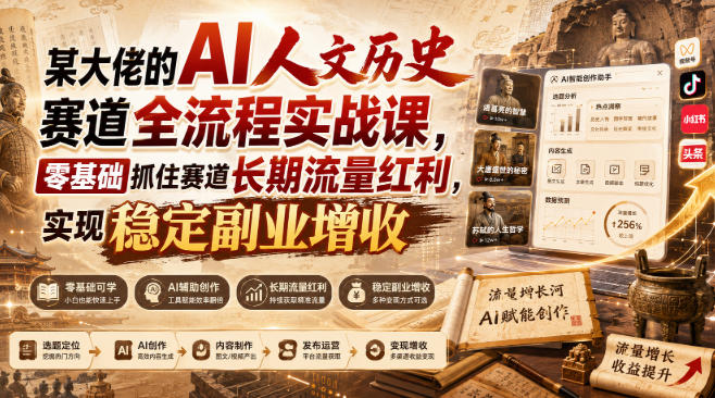 某大佬的AI人文历史赛道全流程实战课，零基础抓住赛道长期流量红利，实现稳定副业增收-九节课