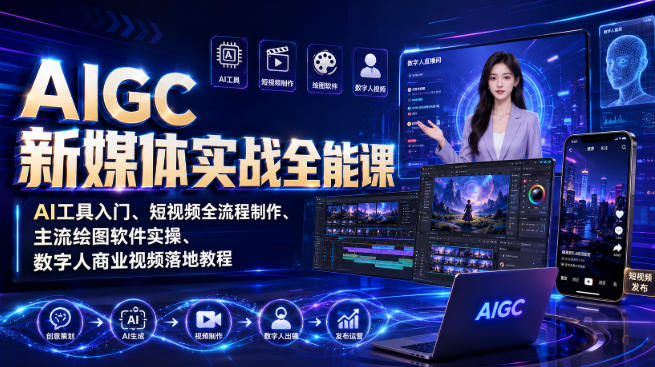 AIGC新媒体实战全能课｜AI工具入门、短视频全流程制作、主流绘图软件实操、数字人商业视频落地教程-九节课