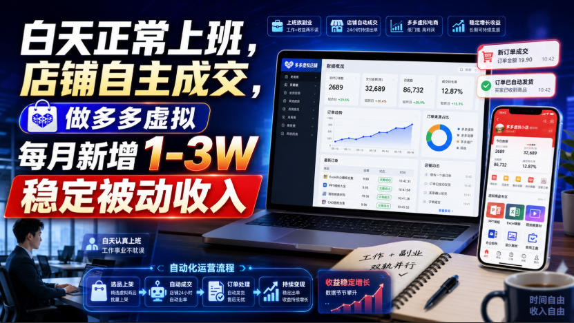白天正常上班,店铺自主成交,做多多虚拟每月新增1-3W稳定被动收入【揭秘】-九节课