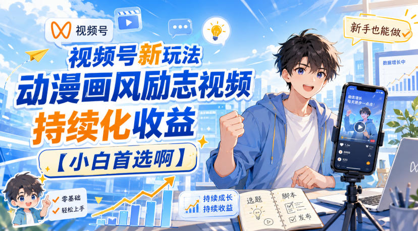 视频号新玩法动漫画风励志视频，持续化收益【小白首选啊】-九节课