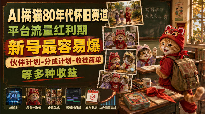 AI橘猫80年代怀旧赛道，平台流量红利期，新号最容易爆，伙伴计划-分成计划-收徒商单等多种收益-九节课