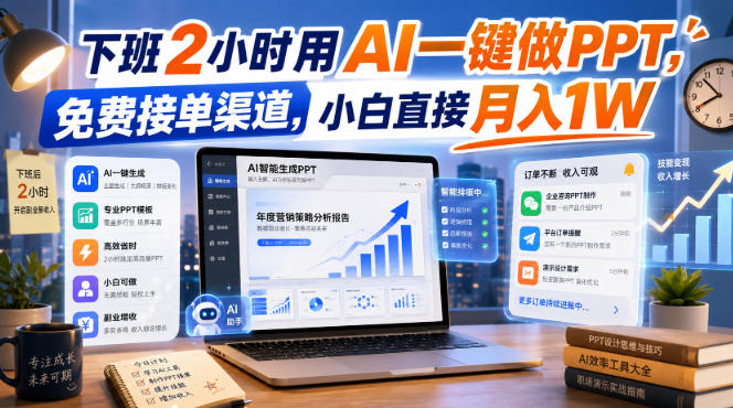 下班2小时用AI一键做PPT，免费接单渠道，小白直接月入1W【揭秘】-九节课