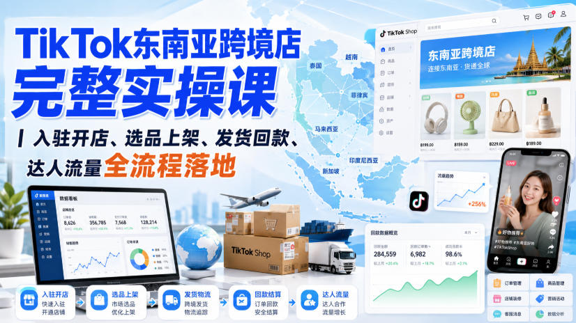 TikTok东南亚跨境店完整实操课｜入驻开店、选品上架、发货回款、达人流量全流程落地-九节课
