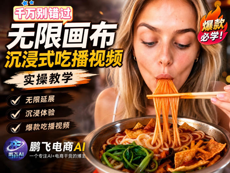 保姆级教程｜用AI无线画布做沉浸式吃播，3步直接出片，无线画布工作流，操作简单好上手-九节课