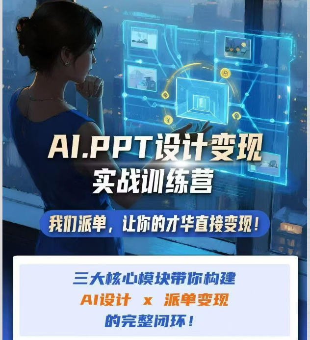 AI+PPT设计变现实战训练营，我们派单，让你的才华直接变现，三大核心模块带你构建Al设计x派单变现的完整闭环-九节课