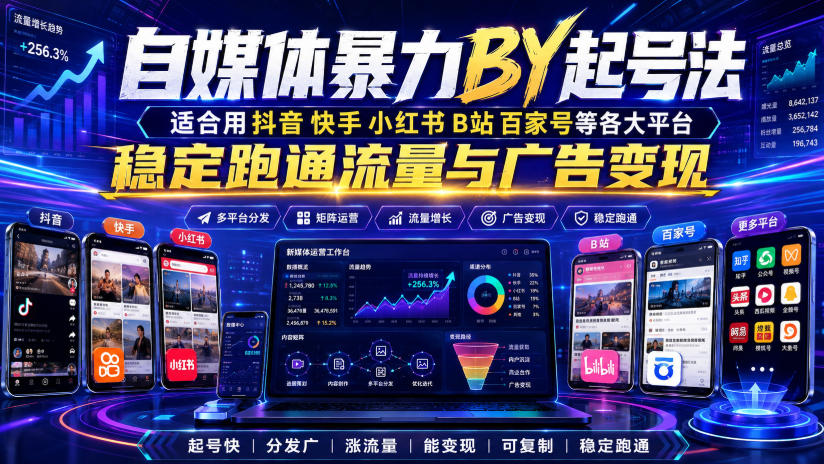 自媒体暴力搬运起号法，适合用抖音快手小红书B站百家号等各大平台，稳定跑通流量与广告变现-九节课