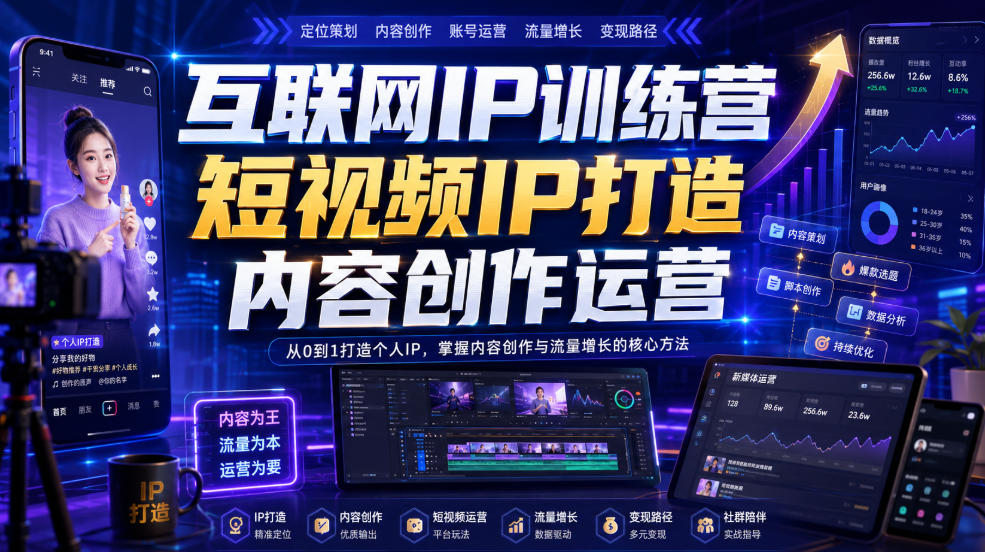 互联网IP训练营，短视频IP打造，内容创作运营-九节课