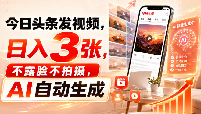 今日头条发视频，日入3张，不露脸不拍摄，AI自动生成-九节课
