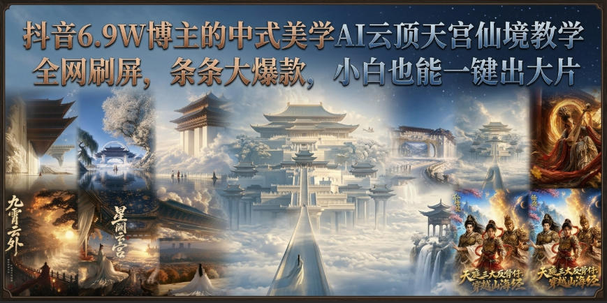 抖音6.9W博主的中式美学AI云顶天宫仙境教学，全网刷屏，条条大爆款，小白也能一键出大片-九节课