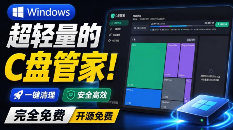Windows超轻量的C盘管家！超级有特点，支持磁盘分析及清理提醒，2M大小体积，完全免费C盘管家-九节课
