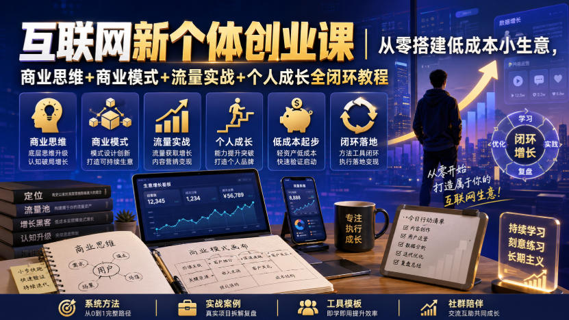 互联网新个体创业课｜从零搭建低成本小生意，商业思维+商业模式+流量实战+个人成长全闭环教程-九节课