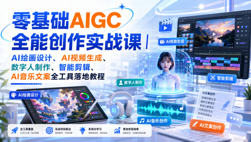 零基础AIGC全能创作实战课｜AI绘画设计、AI视频生成、数字人制作、智能剪辑、AI音乐文案全工具落地教程-九节课