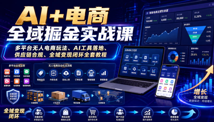 AI+电商全域掘金实战课｜多平台无人电商玩法、AI工具落地、供应链合规、全域变现闭环全套教程-九节课