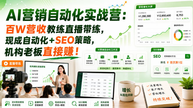AI营销自动化实战营：百W营收教练直播带练，现成自动化+SEO策略，机构老板直接賺！【原创双语字幕】-九节课