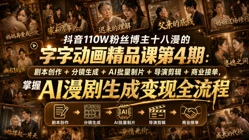 抖音110W粉丝博主十八漫的字字动画精品课第4期：剧本创作+分镜生成+剪辑+商业接单，掌握AI漫剧生成变现全流程-九节课