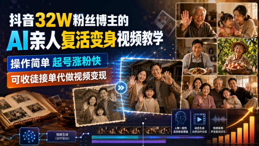 抖音32W粉丝博主的AI亲人复活变身视频教学，操作简单，起号涨粉快，可收徒接单代做视频变现-九节课