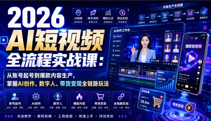 2026 AI短视频全流程实战课：从账号起号到爆款内容生产，掌握AI创作、数字人、带货变现全链路玩法-九节课
