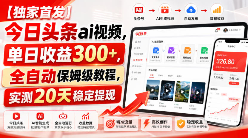 【独家首发】今日头条ai视频，单日收益300+，全自动保姆级教程，实测20天稳定提现【揭秘】-九节课
